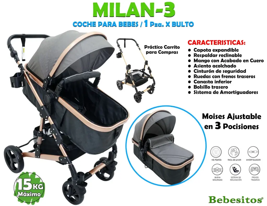 MILAN-3 COCHE GRIS PARA BEBE X 1